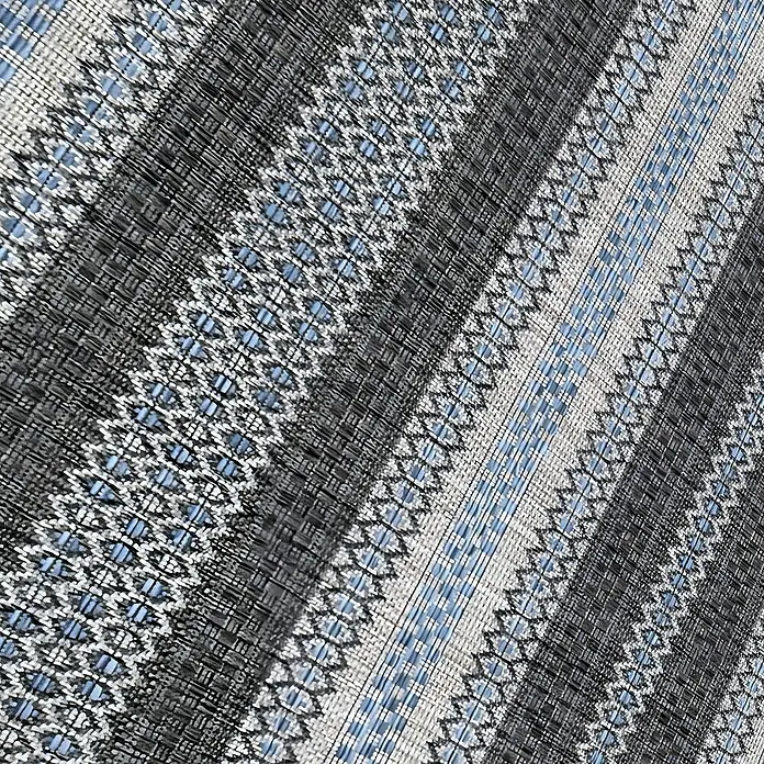 Outdoor-Teppich Sunny V - Schwarz, 170 x 120 cm, 100 % Polypropylen - Nahaufnahme eines gestreiften Teppichs mit blauem Akzent.