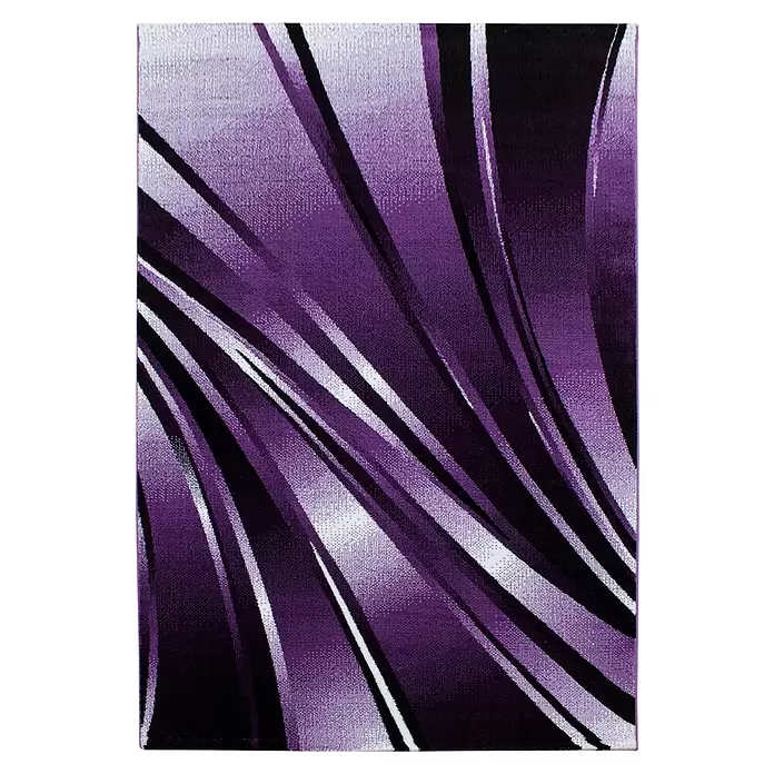 Kurzflorteppich Parma 9210 - Lila, 370 x 280 cm, 100 % Polypropylen - Abstrakter Teppich mit wirbelnden lila, schwarzen und weißen Streifen und texturierter Oberfläche.