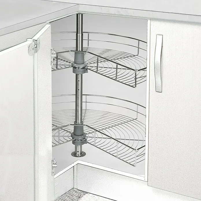 Estantería rinconera metálica semicircular 80 - L x An x Al: 520 x 900 x 450 mm, Cromo - Armario esquinero con un elegante sistema de estanterías giratorias de alambre cromado para un óptimo almacenamiento y acceso.