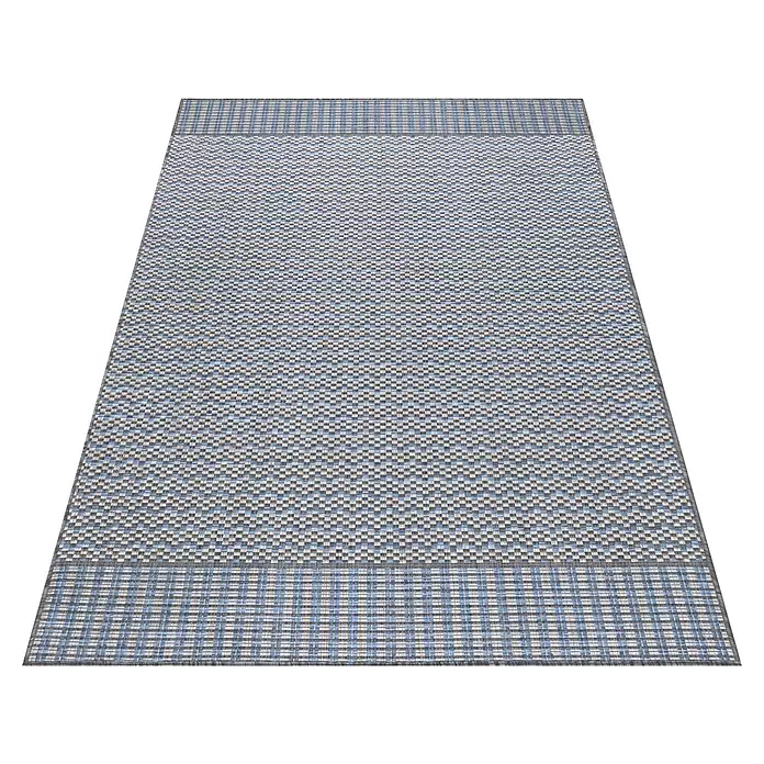 Outdoor-Teppich Sunny VII - Grau, 170 x 120 cm, 100 % Polypropylen - Rechteckige blau, grau und weiß gewebte Matte mit gemusterten Rändern.