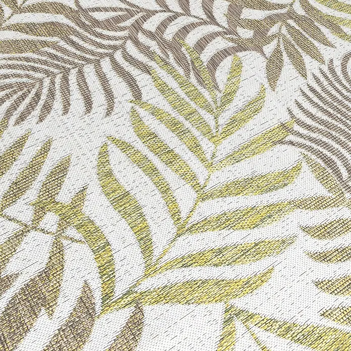 Outdoor-Teppich Sunny III - Beige, 250 x 80 cm, 100 % Polypropylen - Nahaufnahme eines Textils mit einem botanischen Muster aus braunen und grünen Blättern.