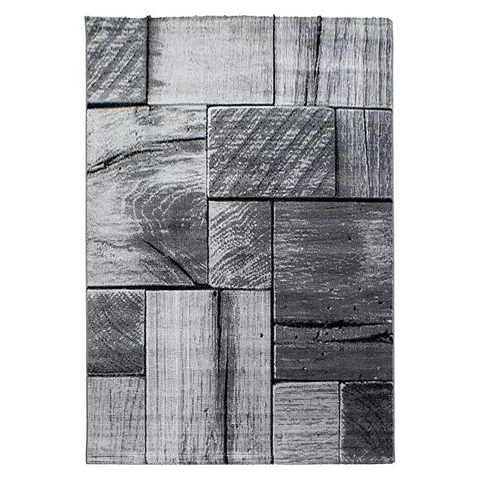 Kurzflorteppich Parma 9260 - Schwarz, 340 x 240 cm, 100 % Polypropylen - Grauer und schwarzer Teppich mit Muster aus verwitterten Holzblöcken, ideal für moderne Einrichtungen.
