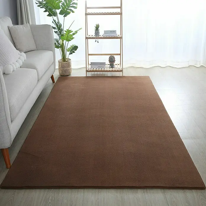 Kurzflorteppich Sky - Braun, 200 x 140 cm, 100 % Polyester - Ein brauner Teppich liegt auf dem Boden eines Wohnzimmers neben einem grauen Sofa, einer Pflanze und einem Regal. Der Teppich ist rechteckig.