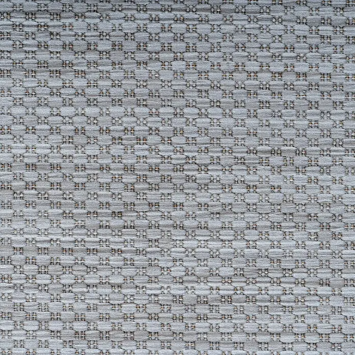 Outdoor-Teppich Relax - Silber, Durchmesser: 120 cm, 100 % Polypropylen - Nahaufnahme des grau-beigen Teppichmusters mit gewebter Textur und kleinen dekorativen Akzenten für eine stilvolle Bodengestaltung.