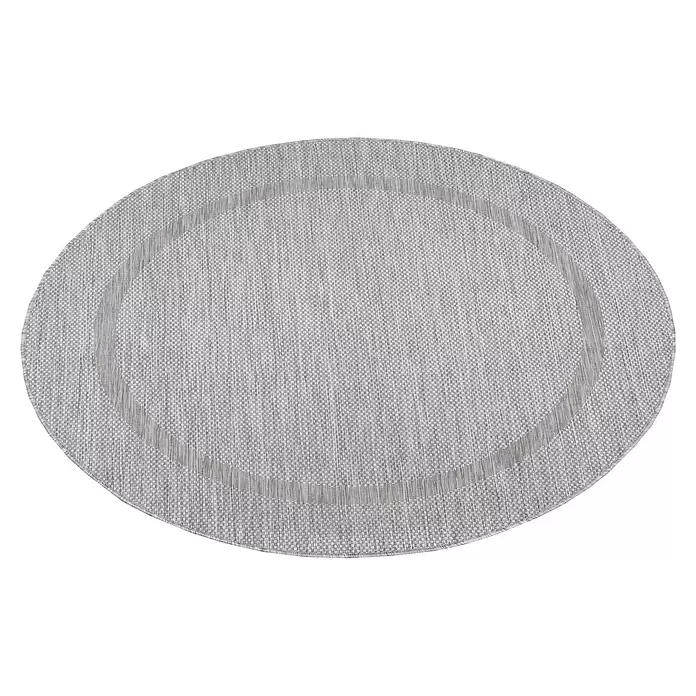 Outdoor-Teppich Relax - Silber, Durchmesser: 120 cm, 100 % Polypropylen - Ovaler hellgrauer Webteppich mit dezentem dunklerem Muster am Rand.