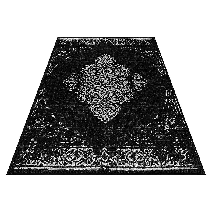 Outdoor-Teppich Sunny VIII - Schwarz, 170 x 120 cm, 100 % Polypropylen - Schwarz-weißer, verwaschener, verzierter Teppich mit zentralem Medaillonmuster.
