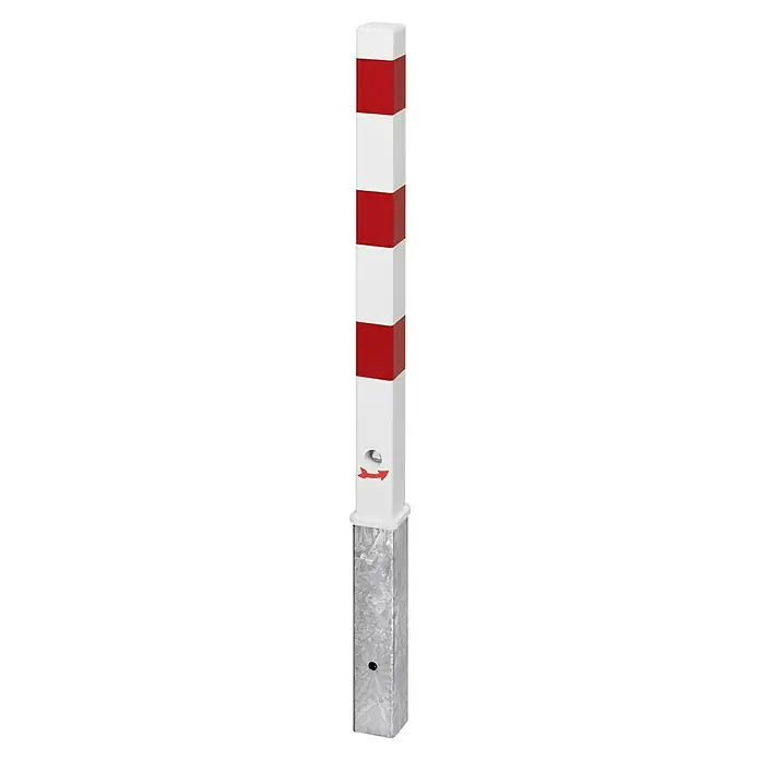Urbanus Sperrpfosten - Höhe über Boden: 900 mm, L x B: 70 x 70 mm, Stahl, Dreikantverriegelung, Montageart: Stecken - Pfosten rot-weiß gestreift mit Richtungspfeil, ideal zur Verkehrsführung und Absperrung. Robust und auffällig für den Einsatz im Freien.