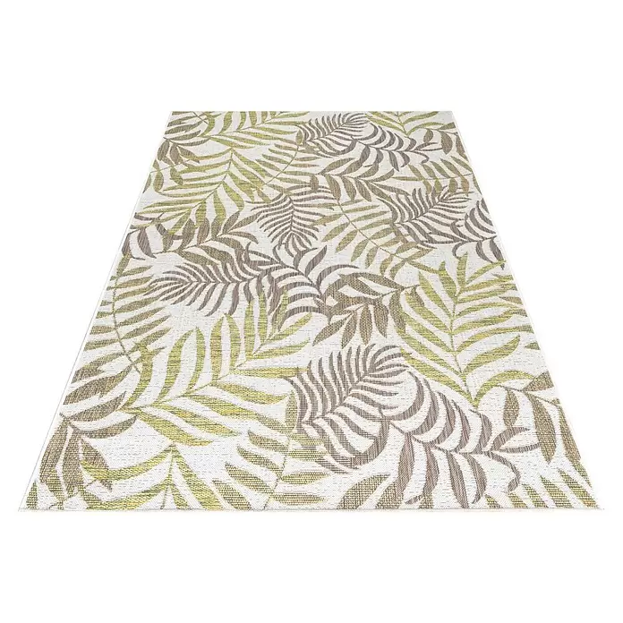 Outdoor-Teppich Sunny III - Beige, 250 x 80 cm, 100 % Polypropylen - Rechteckiger Teppich mit weißem Grund und dichtem Muster aus grünen und braunen Palmblättern.