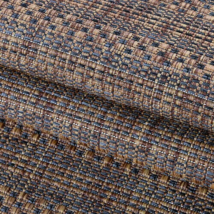 Outdoor-Teppich Zagora III - Kupfer, 150 x 80 cm, 100 % Polypropylen - Nahaufnahme eines gewebten braunen und blauen Stoffes mit einer markanten Textur. Ideal für Möbel und Heimtextilien.
