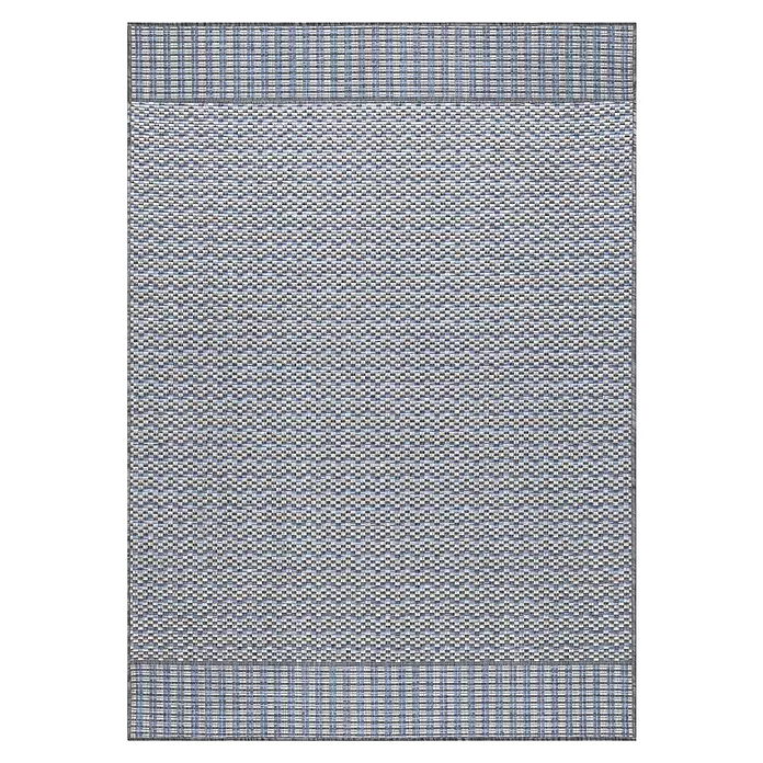 Outdoor-Teppich Sunny VII - Grau, 170 x 120 cm, 100 % Polypropylen - Grau-weiß-hellblaue gewebte Matte mit texturiertem Mittelteil und karierten Rändern.