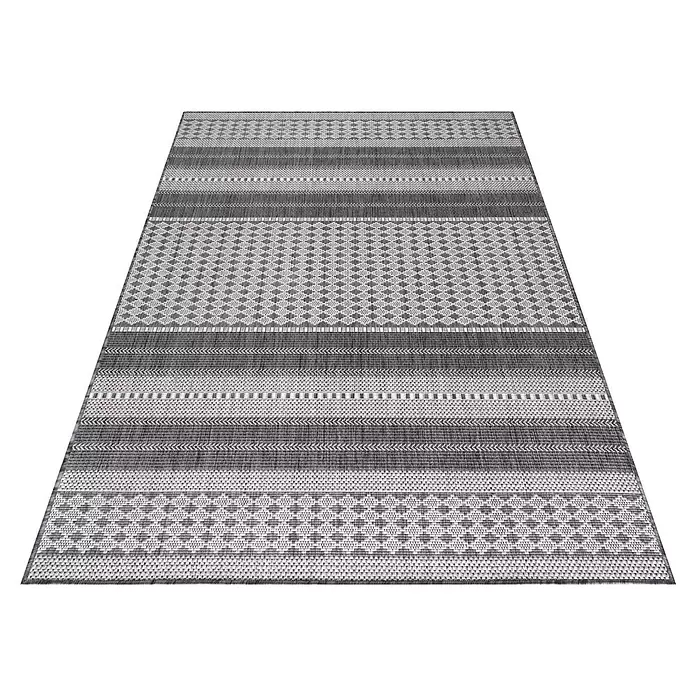 Outdoor-Teppich Sunny VI - Beige, 250 x 80 cm, 100 % Polypropylen - Rechteckiger grau-weißer Teppich mit Streifen- und geometrischen Mustern.