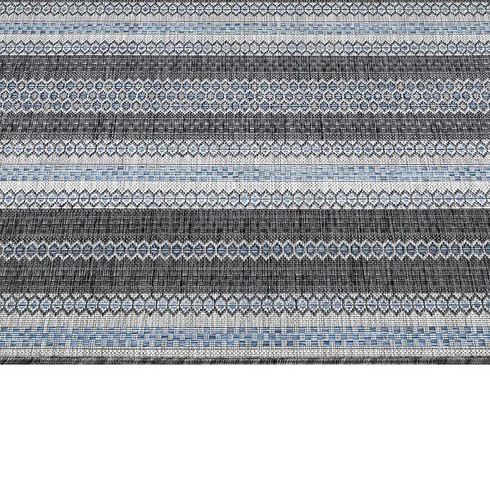Outdoor-Teppich Sunny V - Schwarz, 170 x 120 cm, 100 % Polypropylen - Nahaufnahme eines gestreiften Teppichs mit blau-grauen Mustern, ideal als dekoratives Element für Ihr Zuhause.