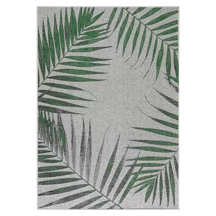 Outdoor-Teppich Sunny II - Grün, 170 x 120 cm, 100 % Polypropylen - Rechteckiger Teppich mit tropischem Palmenblattmuster in Grün und Hellgrau gewebt.