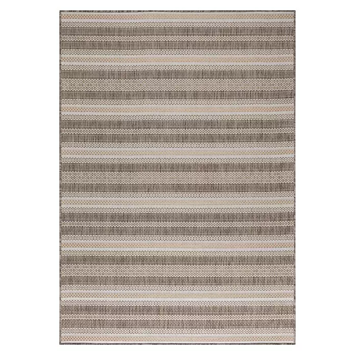 Outdoor-Teppich Sunny V - Beige, 150 x 80 cm, 100 % Polypropylen - Rechteckiger gestreifter Teppich in Beige-, Braun- und Grautönen mit abwechselnden unifarbenen und geometrisch gemusterten Streifen.