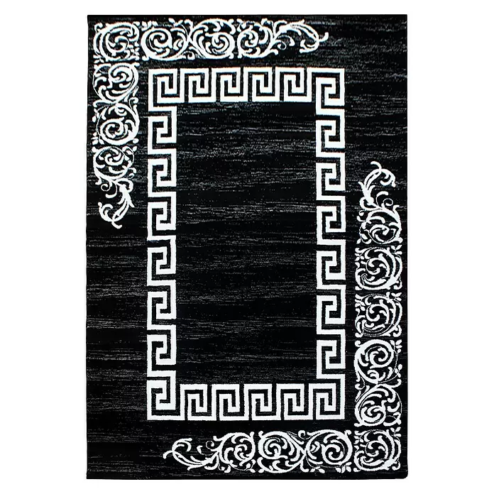 Kurzflorteppich Miami - Schwarz/Weiß, 200 x 140 cm, 100 % Polypropylen - Rechteckiger schwarzer Teppich mit weißem Mäander-Rand und floralen Mustern an den Rändern.