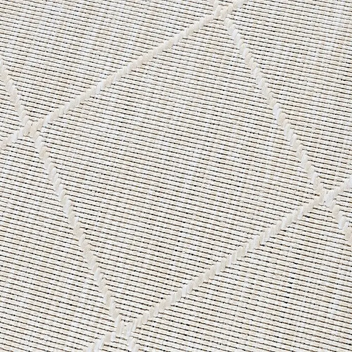 Outdoor-Teppich Zagora II - Grau, 150 x 80 cm, 100 % Polypropylen - Nahaufnahme eines hellen Teppichs mit einem dezenten Rautenmuster. Die Textur und das Muster des Teppichs sind gut erkennbar.