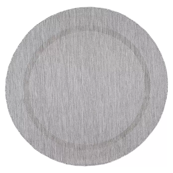 Outdoor-Teppich Relax - Silber, Durchmesser: 120 cm, 100 % Polypropylen - Runder, hellgrauer Webteppich mit kreisförmigem Innendesign.