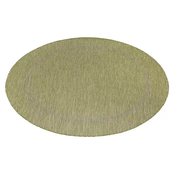 Outdoor-Teppich Relax - Grün, Durchmesser: 200 cm, 100 % Polypropylen - Texturierter, olivgrüner ovaler Teppich mit subtilem hellem Rand.