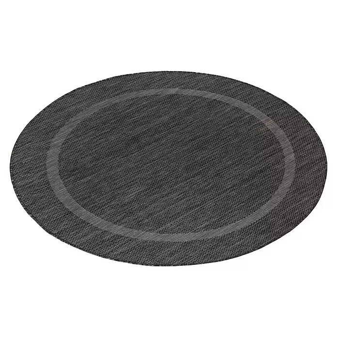 Outdoor-Teppich Relax - Schwarz, Durchmesser: 200 cm, 100 % Polypropylen - Dunkelgraues ovales Tischset mit gewebter Textur und einem helleren ovalen Rand.