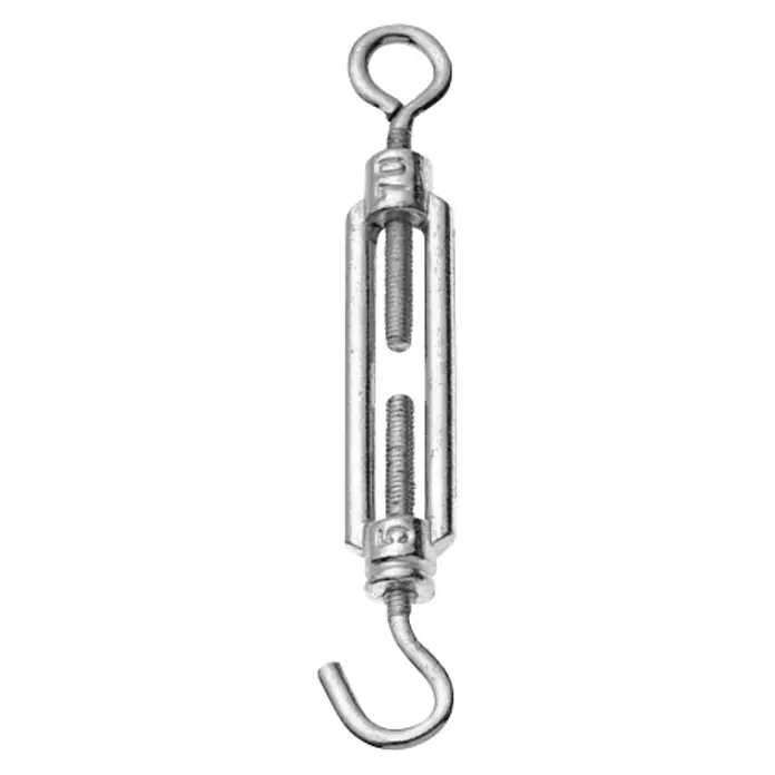 Stabilit SpannschlossFür Seildurchmesser: 8 mm, Länge: 120 mm, Belastbarkeit: 50 kg, Edelstahl - Nahaufnahme eines Spannschlosses aus Metall mit einem Haken und einem Auge an den Enden, ein robustes Werkzeug zur Spannungssicherung.
