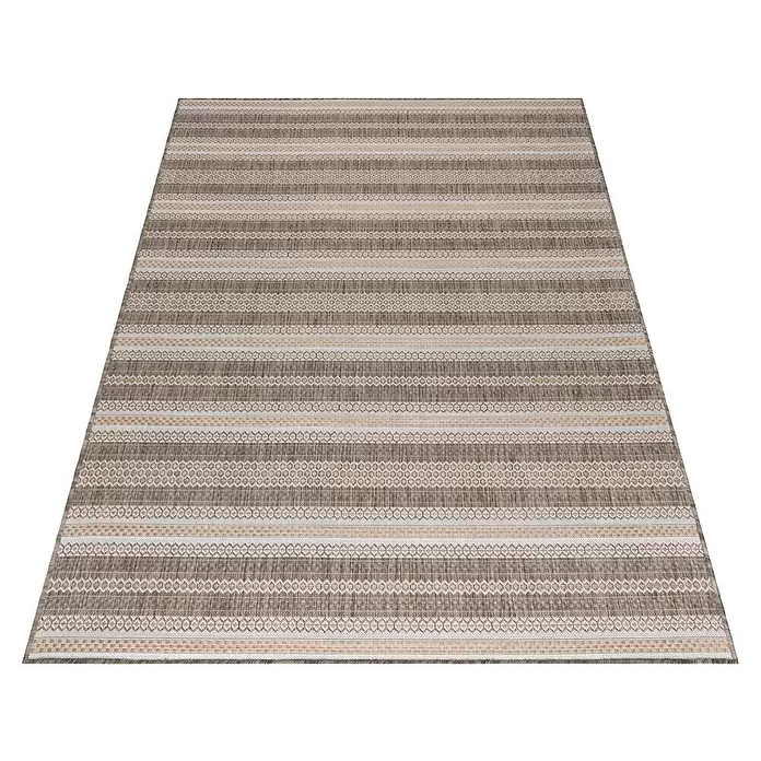 Outdoor-Teppich Sunny V - Beige, 150 x 80 cm, 100 % Polypropylen - Rechteckiger Webteppich mit Streifenmuster in Grau-, Weiß- und Beigetönen.