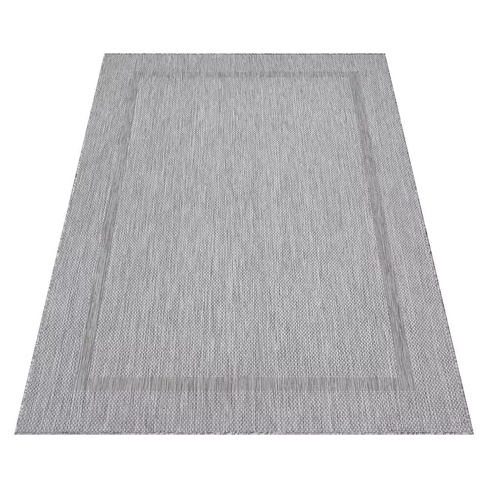 Outdoor-Teppich Relax - Silber, 230 x 160 cm, 100 % Polypropylen - Hellgrauer rechteckiger Webteppich mit dezentem Randmuster für den Innenbereich.