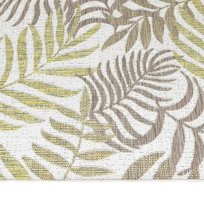 Outdoor-Teppich Sunny III - Beige, 250 x 80 cm, 100 % Polypropylen - Nahaufnahme des Stoffmusters mit botanischen Motiven in Gelb- und Brauntönen auf einem weißen Hintergrund.