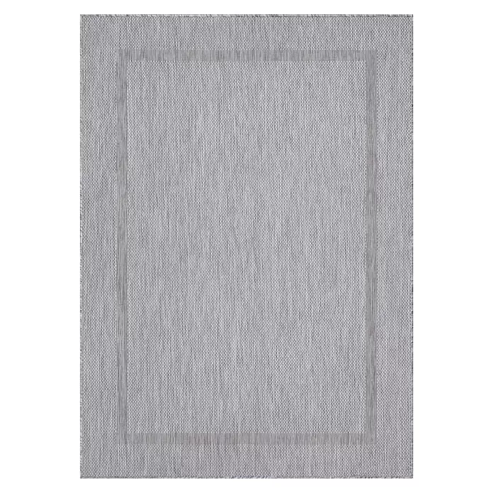 Outdoor-Teppich Relax - Silber, 230 x 160 cm, 100 % Polypropylen - Hellgrauer Webteppich mit dezentem rechteckigem Rand.