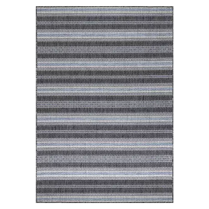 Outdoor-Teppich Sunny V - Schwarz, 170 x 120 cm, 100 % Polypropylen - Gestreifter gewebter Teppich in Grau, Blau und Weiß mit geometrischen Mustern.