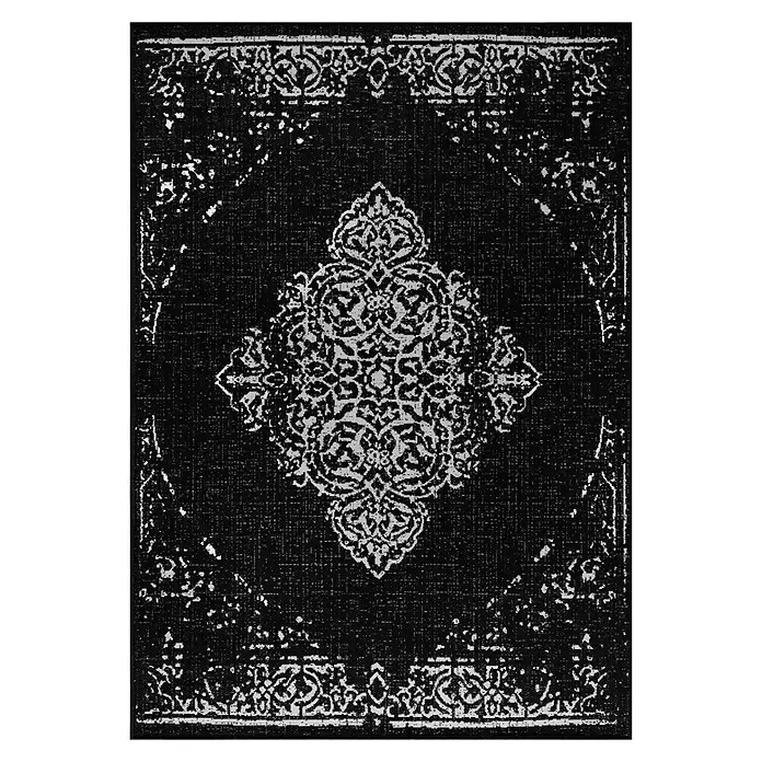 Outdoor-Teppich Sunny VIII - Schwarz, 170 x 120 cm, 100 % Polypropylen - Schwarzer Teppich mit verwaschenem, weißem Ornament-Medaillon und Bordürenmuster.