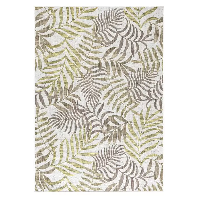 Outdoor-Teppich Sunny III - Beige, 250 x 80 cm, 100 % Polypropylen - Gewebter Teppich mit hellgrünem und braunem tropischem Blattmuster auf cremeweißem Hintergrund.