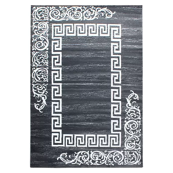 Kurzflorteppich Miami - Grau/Weiß, 200 x 140 cm, 100 % Polypropylen - Rechteckiger dunkelgrauer Teppich mit weißem Mäandermuster und Zierranken.