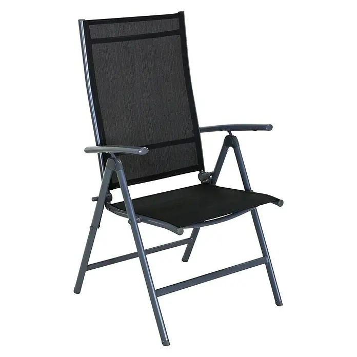 Sunfun Sillón de posiciones Lea - 57 x 62 x 108 cm, Negro, Respaldo regulable - Silla plegable negra con respaldo alto y reposabrazos. El marco de la silla es gris, lo que la hace adecuada para uso en exteriores.