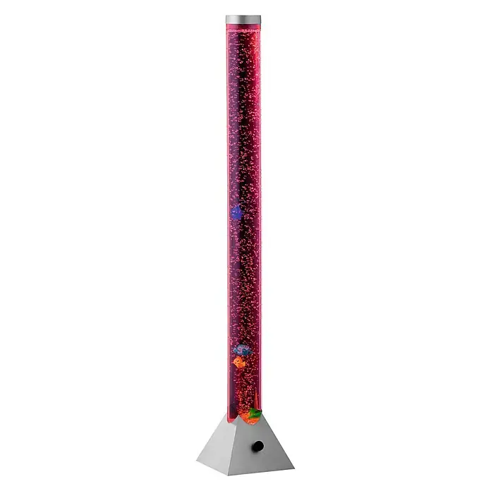 Reality LED-Stehleuchte Motion - 3,5 W, Höhe: 130 cm, Bunt, RGB - Dekorative LED-Blasensäule mit bunten Fischen. Die Säule ist mit Wasser gefüllt und wird von einer silbernen Basis gehalten.