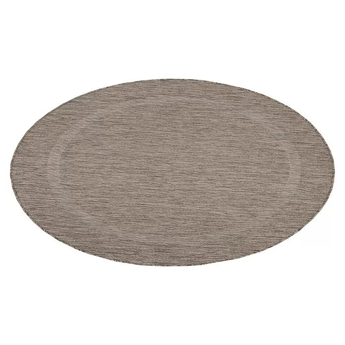Outdoor-Teppich Relax - Braun, Durchmesser: 160 cm, 100 % Polypropylen - Ovales Tischset mit dicht gewebter brauner und taupefarbener Textur.