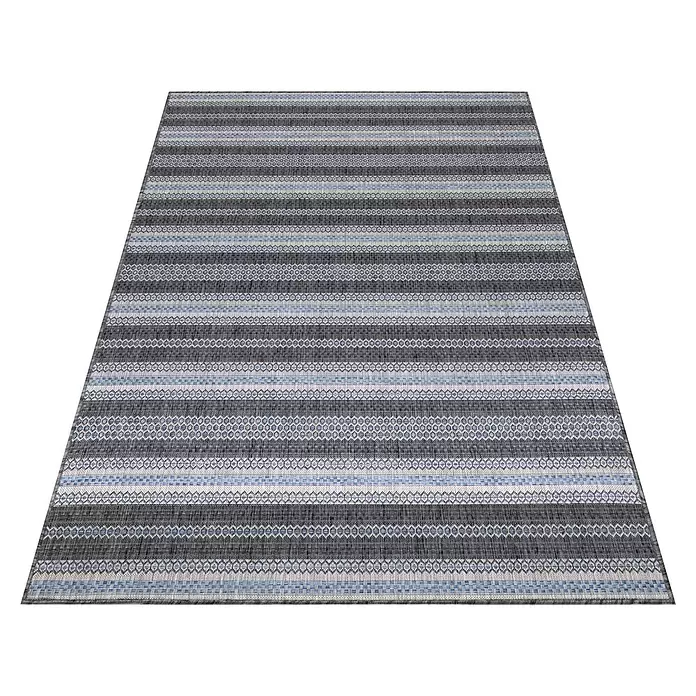 Outdoor-Teppich Sunny V - Schwarz, 170 x 120 cm, 100 % Polypropylen - Rechteckiger gestreifter Teppich in Grau- und Blautönen mit strukturierten Mustern.