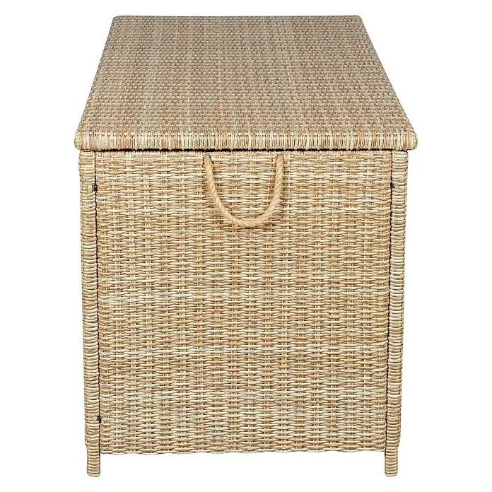Baúl para jardín Gotland - 150 x 65 x 68 cm, Plástico, Arena - Precioso arcón de ratán con tapa y asa, perfecto para guardar objetos y decorar tu hogar.