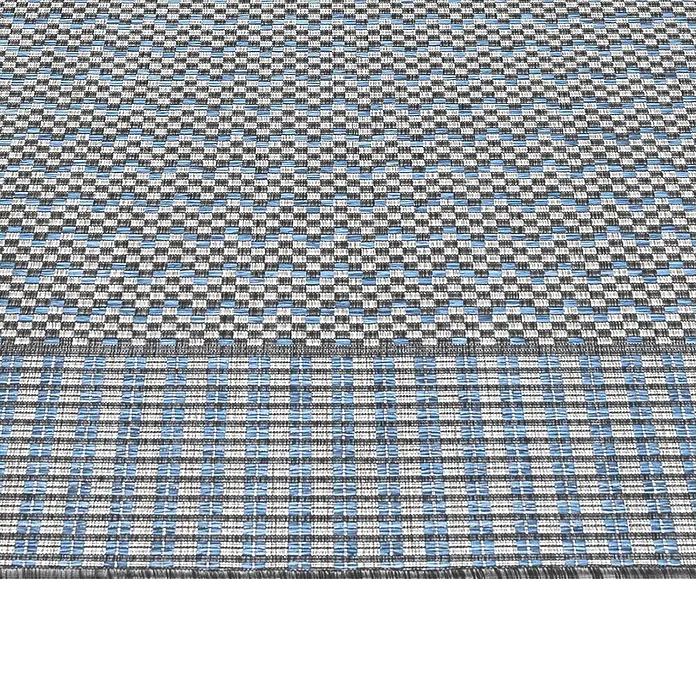 Outdoor-Teppich Sunny VII - Grau, 170 x 120 cm, 100 % Polypropylen - Detailaufnahme eines stilvollen Teppichs mit blau-weißem Schachbrettmuster und feiner Textur für ein modernes Ambiente.