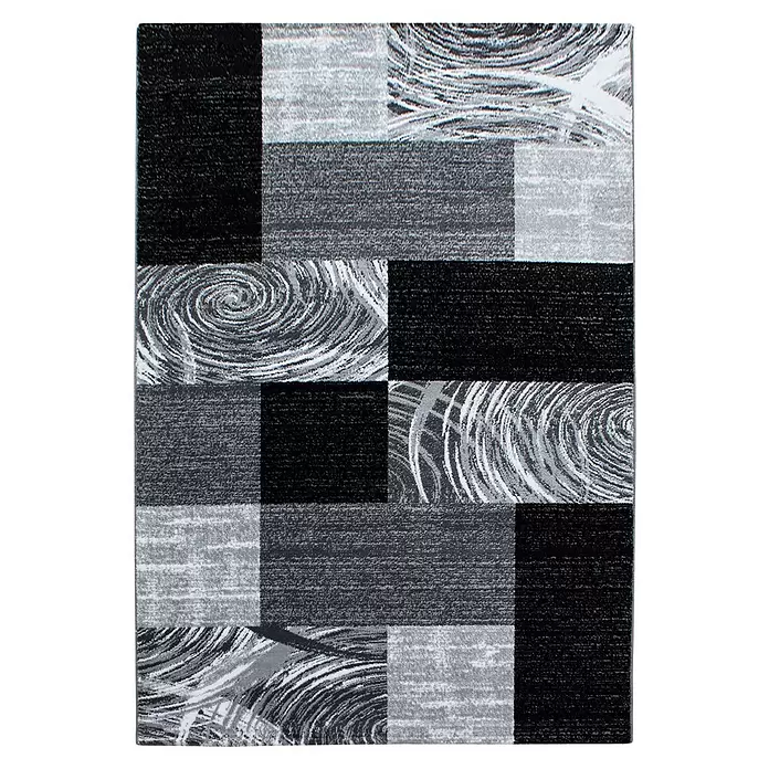 Kurzflorteppich Parma 9220 - Schwarz, 200 x 140 cm, 100 % Polypropylen - Moderner Teppich in Schwarz, Grau und Weiß mit geometrischen Blöcken und abstrakten Wirbelmustern.
