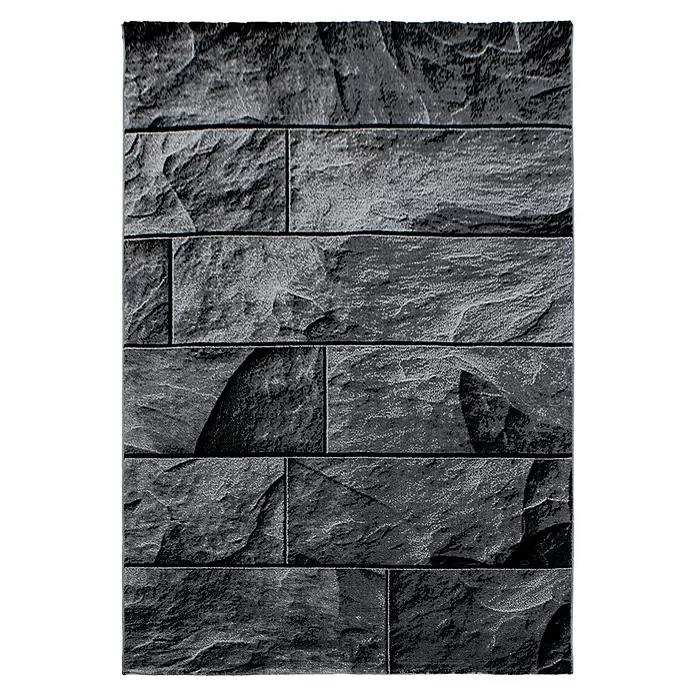Kurzflorteppich Parma 9250 - Schwarz, 340 x 240 cm, 100 % Polypropylen - Dunkelgraue dekorative Wandverkleidung in Steinoptik mit strukturierten Rechteckblöcken.