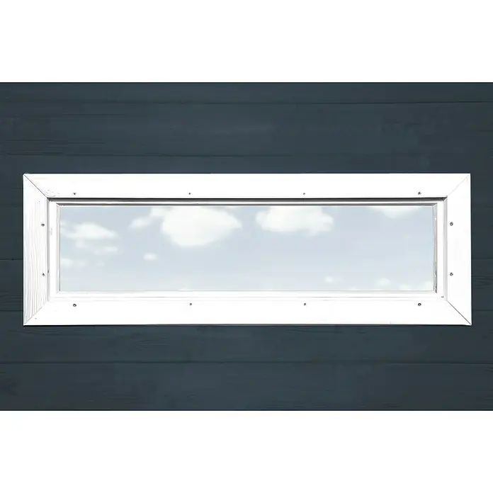 Weka Fenster-Element - Passend für: Weka Gartenhaus wekaLine Gr. 1, 2 & 3, Weiß - Das Bild zeigt ein längliches, weiß gerahmtes Fenster, das in eine dunkelgraue Holzwand eingelassen ist und einen Blick auf den bewölkten Himmel bietet.