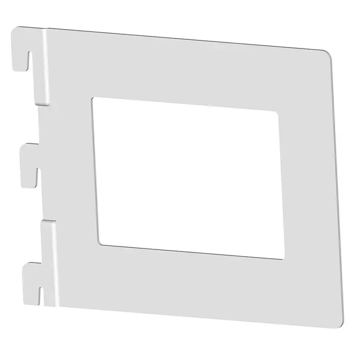 Element System Bücherbügel - 11,8 x 14,3 cm, Geeignet für: Schiene Classic Raster 50, Weiß - Nahaufnahme einer weißen Kunststoff-Wandhalterung mit rechteckiger Aussparung und Haken zur Befestigung, ideal für leichte Gegenstände.