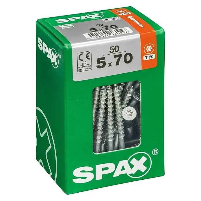Spax T-Star plus Universalschraube T-Star plus - Ø x L: 5 x 70 mm, WIROX Oberfläche, T-Star plus, 50 Stk. - Karton Spax Universalschrauben 5x70mm mit Senkkopf, Teilgewinde und T-STAR plus. Ideal für Holzkonstruktionen im Innenbereich.