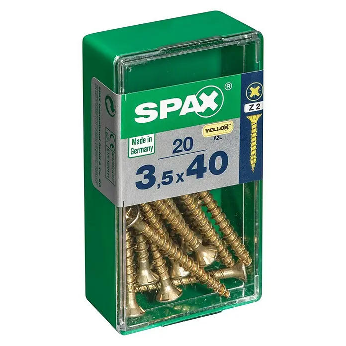 Spax Universalschraube - 3,5 x 40 mm, Vollgewinde, 20 Stk. - Eine grüne Verpackung mit 20 SPAX YELLOX A2L Schrauben der Größe 3,5x40.