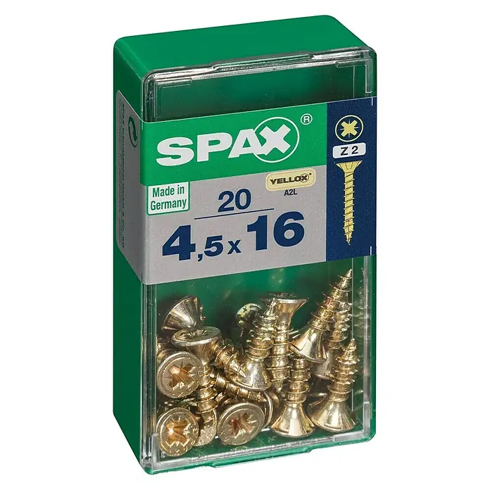 Spax Universalschraube - 4,5 x 16 mm, Vollgewinde, 20 Stk. - Packung mit 20 Spax Universalschrauben 4,5 x 16 mm mit Senkkopf und Teilgewinde, ideal für Holzverbindungen im Innenbereich.