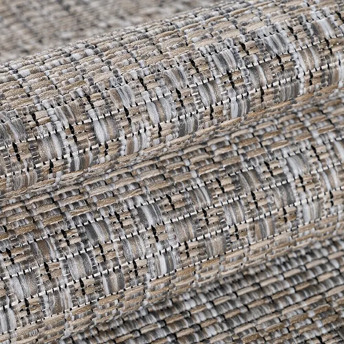 Outdoor-Teppich Zagora III - Beige, 170 x 120 cm, 100 % Polypropylen - Detailaufnahme eines gewebten Teppichs in neutralen Farben, der eine interessante Textur und ein feines Muster zeigt. Ideal für moderne Wohnräume.