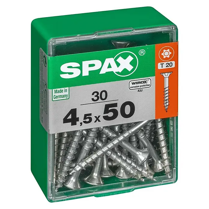 Spax T-Star plus Universalschraube T-Star plus - Ø x L: 4,5 x 50 mm, WIROX Oberfläche, T-Star plus, 30 Stk. - Abbildung einer grünen Spax Schraubenbox, gefüllt mit 4,5 x 50 Schrauben. Die Box enthält 30 Schrauben und ist mit WIROX Korrosionsschutz versehen.
