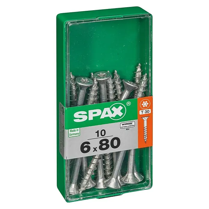 Spax T-Star plus Universalschraube T-Star plus - Ø x L: 6 x 80 mm, WIROX Oberfläche, T-Star plus, 10 Stk. - Verpackung von 10 SPAX Senkkopfschrauben 6x80 mm, ideal für Holzverbindungen im Innen- und Außenbereich dank WIROX-Beschichtung für Korrosionsschutz.