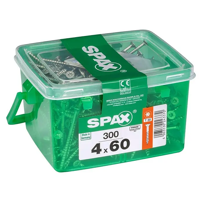 Spax Universalschraube T-Star plus - Ø x L: 4 x 60 mm, WIROX Oberfläche, T-Star plus, 300 Stk., Kunststoffbox - Eine grüne Kunststoffbox mit 300 SPAX-Schrauben, Größe 4x60, ideal für diverse Holzbauprojekte. Schrauben mit T20 Torx Antrieb.