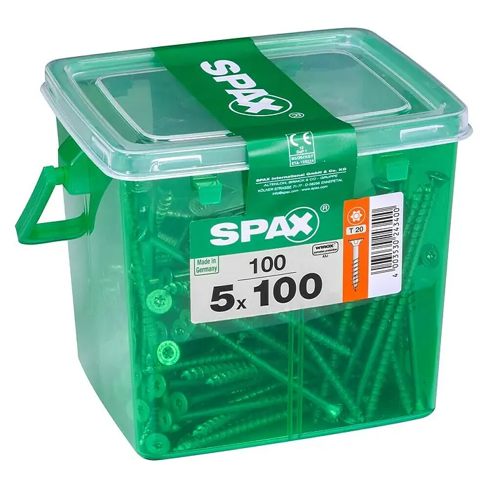 Spax Universalschraube T-Star plus - Ø x L: 5 x 100 mm, WIROX Oberfläche, T-Star plus, 100 Stk., Kunststoffbox - Dose mit 100 SPAX Universalschrauben 5x100 mm, ideal für Holzverbindungen im Innen- und Außenbereich, mit WIROX-Oberfläche und T20-Antrieb.